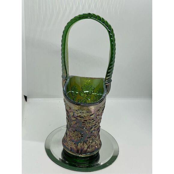 IMPERIAL CARNIVAL GLASS "HELIOS GREEN" GOLD IRIDESCENT BASKET-DAISY PATTERN 10” - Picture 8 of 9